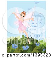 Happy Brunette White Female Fairy In A Pink Dress Flying Over Vines And Flowers Against A Castle