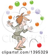 Cartoon Brunette White Business Woman With Too Many Balls In The Air