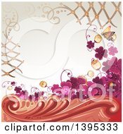 Clipart Of A Floral Background With Purple Clover And A Butterfly Royalty Free Vector Illustration
