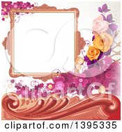 Poster, Art Print Of Floral Background With Purple Clover A Blank Frame And Roses