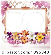 Poster, Art Print Of Floral Background With Purple Clover A Blank Frame And Lilies