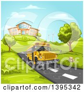 Poster, Art Print Of School Bus On A Road With A Building On A Hill In The Background