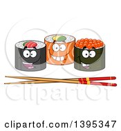 Poster, Art Print Of Cartoon Happy Sushi Roll Characters With Chopsticks