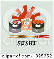 Cartoon Happy Sushi Roll Characters With Chopsticks Over Text And A Sun On Halftone