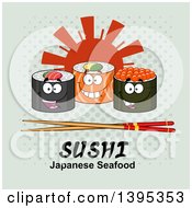 Clipart Of Cartoon Happy Sushi Roll Characters With Chopsticks Over Text And A Sun On Halftone Royalty Free Vector Illustration