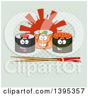 Poster, Art Print Of Cartoon Happy Sushi Roll Characters With Chopsticks And A Sun On Halftone