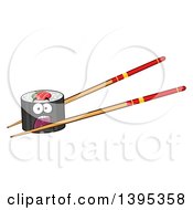 Poster, Art Print Of Cartoon Pair Of Chopsticks Holding A Screaming Sushi Roll Character