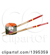 Cartoon Pair Of Chopsticks Holding A Screaming Caviar Sushi Roll Character