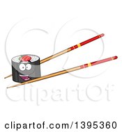 Cartoon Pair Of Chopsticks Holding A Happy Sushi Roll Character