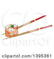 Poster, Art Print Of Cartoon Happy Salmon Sushi Roll Character On Chopsticks