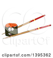 Cartoon Pair Of Chopsticks Holding A Happy Caviar Sushi Roll Character