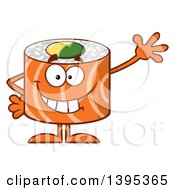 Cartoon Happy Salmon Sushi Roll Character Waving