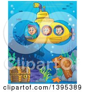 Happy Children In A Submarine Over A Ship Wreck Sunken Treasure And Eel