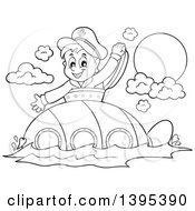 Clipart Of A Black And White Lineart Sailor Boy Looking Out Of A Submarine Hatch Royalty Free Vector Illustration by visekart