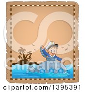 Clipart Of A Worn Aged Parchment Paper Page With A Brunette Caucasian Sailor Boy Looking Out Of A Submarine Hatch Near An Island Royalty Free Vector Illustration by visekart