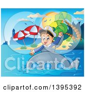 Poster, Art Print Of Happy Brunette Caucasian Sailor Boy Looking Out Of A Submarine Hatch Near A Lighthouse And Tropical Island