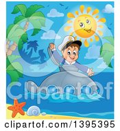 Poster, Art Print Of Happy Brunette Caucasian Sailor Boy Looking Out Of A Submarine Hatch Near A Tropical Island