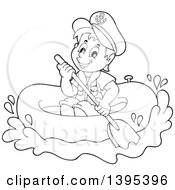 Black And White Lineart Sailor Boy In A Raft Or Emergency Boat