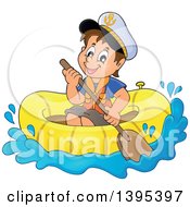 Happy Brunette Caucasian Sailor Boy In A Raft Or Emergency Boat
