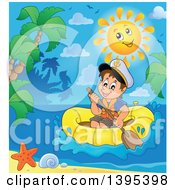 Happy Sun Over A Brunette Caucasian Sailor Boy In A Raft Or Emergency Boat Near An Island