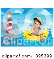 Happy Brunette Caucasian Sailor Boy In A Raft Or Emergency Boat Near A Lighthouse
