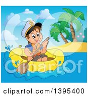 Happy Brunette Caucasian Sailor Boy In A Raft Or Emergency Boat Near An Island