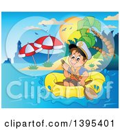 Happy Brunette Caucasian Sailor Boy In A Raft Or Emergency Boat Near An Island With A Lighthouse
