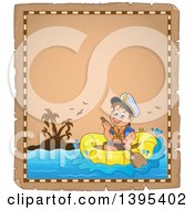 Distressed Aged Parchement Page With A Happy Brunette Caucasian Sailor Boy In A Raft Or Emergency Boat