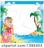 Poster, Art Print Of Border Frame Of A Happy Caucasian Girl Holding An Inner Tube And Wearing Arm Floaties