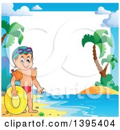 Poster, Art Print Of Border Frame Of A Caucasian Boy Holding An Inner Tube And Wearing Arm Floaties