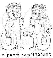 Poster, Art Print Of Cartoon Black And White Boy And Girl Holding Inner Tubes And Wearing Arm Floaties