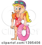 Clipart Of A Cartoon Happy Caucasian Girl Holding An Inner Tube And Wearing Arm Floaties Royalty Free Vector Illustration