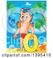 Poster, Art Print Of Cartoon Happy Caucasian Boy Holding An Inner Tube And Wearing Arm Floaties On A Tropical Beach