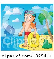 Poster, Art Print Of Cartoon Happy Caucasian Boy Holding An Inner Tube And Wearing Arm Floaties On A Tropical Beach With A Ship In The Distance