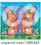 Clipart Of A Happy Butterfly Waving And Standing On Grass Royalty Free Vector Illustration