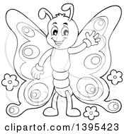 Clipart Of A Black And White Lineart Happy Butterfly Waving Royalty Free Vector Illustration