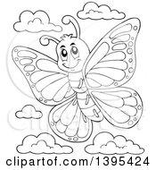 Clipart Of A Black And White Lineart Happy Butterfly And Clouds Royalty Free Vector Illustration