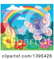 Poster, Art Print Of Happy Butterfly Over Flowers In A Yard