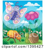Poster, Art Print Of Butterfly Snail And Beetle By A Spring Flower