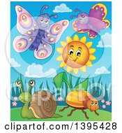 Poster, Art Print Of Butterflies A Snail And Beetle By A Spring Sunflower