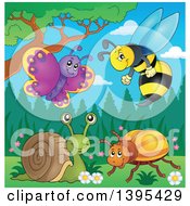 Poster, Art Print Of Cartoon Butterfly Wasp Snail And Beetle In The Spring
