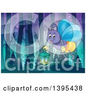 Clipart Of A Cartoon Happy Firefly Holding A Lantern In A Forest Royalty Free Vector Illustration by visekart