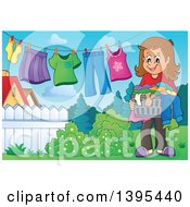 Poster, Art Print Of Happy Brunette Caucasian Woman Hanging Laundry To Dry In Her Yard