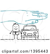 Poster, Art Print Of Sketched Blue Hand Over A Stick Business Man And Car