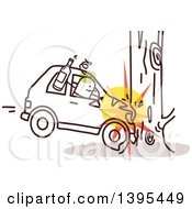 Sketched Drunk Stick Man Crashing A Car Into A Tree