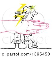 Pink Hand Protecting A Sketched Stick Family From A Storm