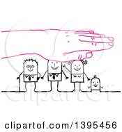 Poster, Art Print Of Pink Hand Protecting A Sketched Stick Business Man Wife Baby And Senior Man
