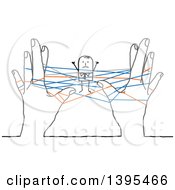 Poster, Art Print Of Sketched Stick Business Man Stuck In Networking Strings Connected Between Hands