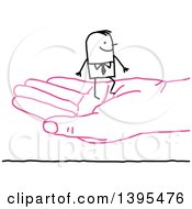Poster, Art Print Of Sketched Stick Business Man On A Pink Hand