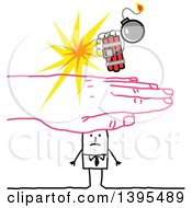 Sketched Pink Hand Protecting A Stick Business Man From A Bomb